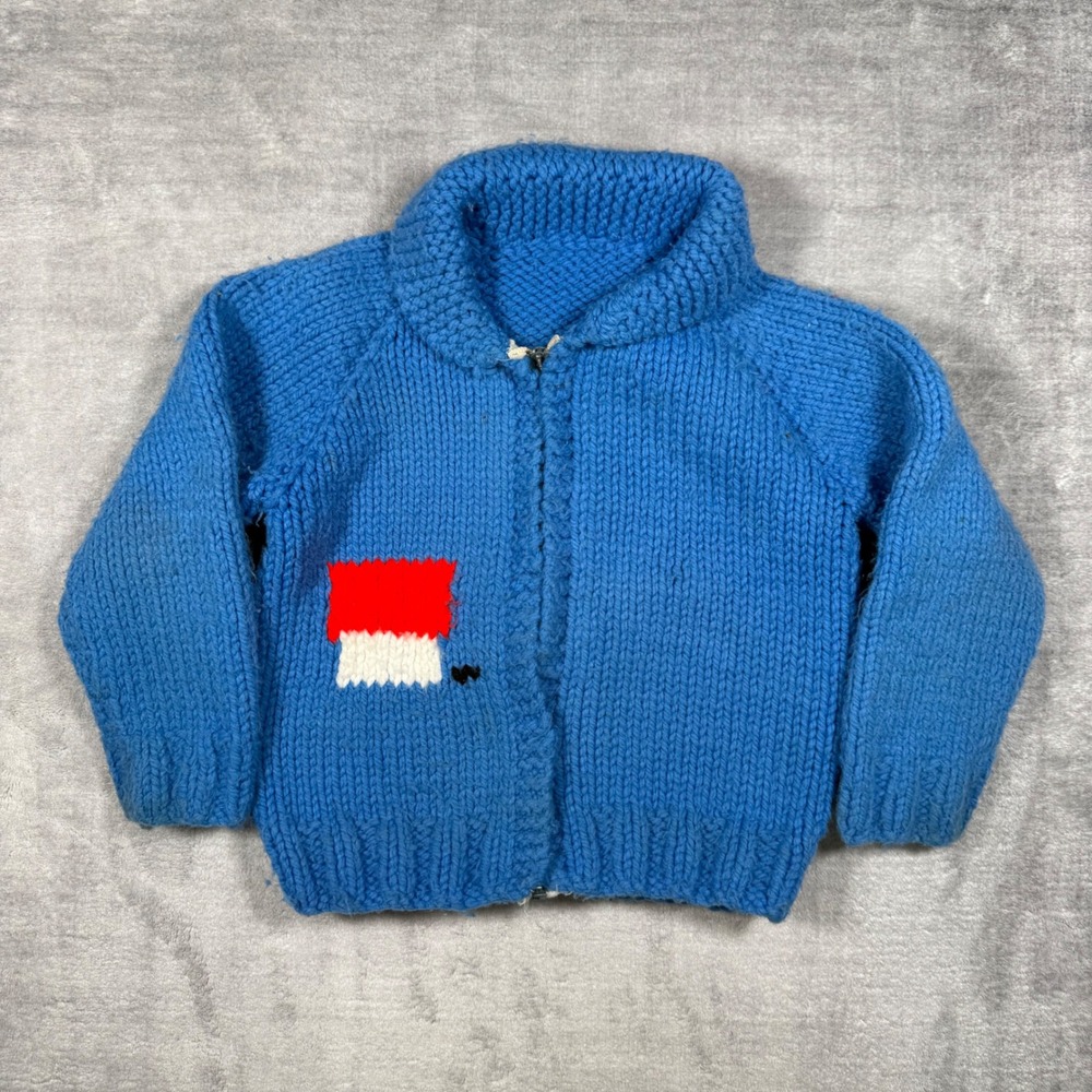 Vintage 1950s Cowichan Sweater Kids Small Blue Snoopy Zip Up Handknit